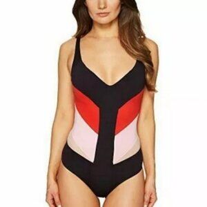 La Perla Underwire One Piece Swimsuit Red‎ Pink Black Mesh Chevron Swimsuit 32C